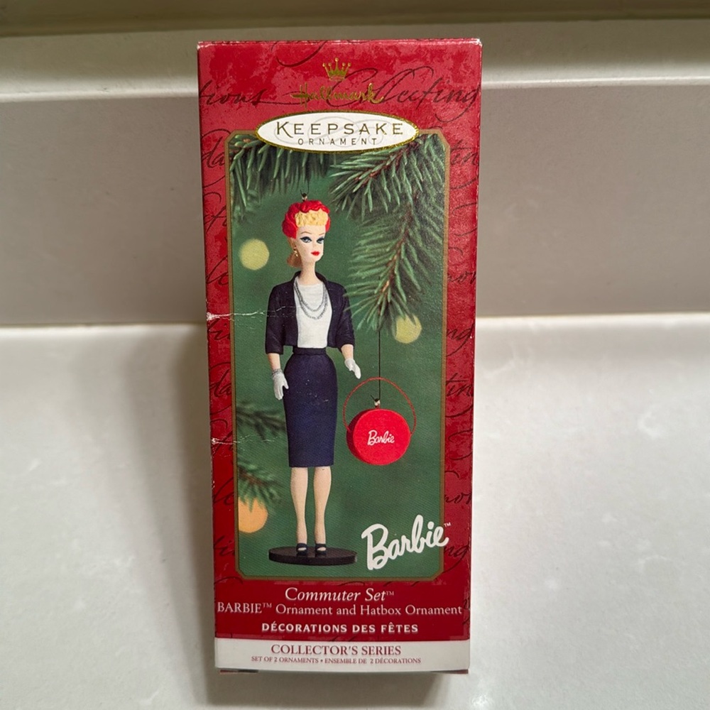 Commuter Set Barbie Ornament and Hatbox Ornament from Hallmark dated 2000